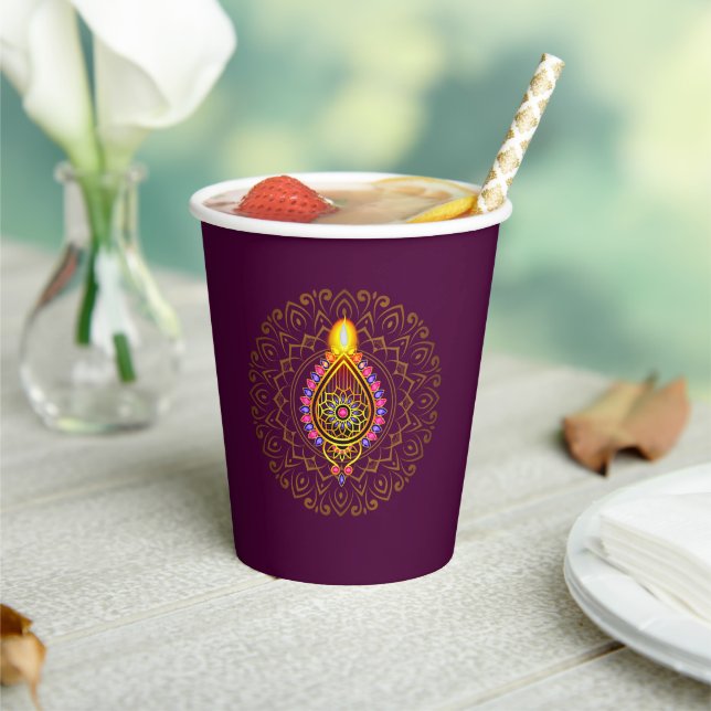 Diwali Jewelled Diya Candle Design Mandala Purple Paper Cups (Insitu)