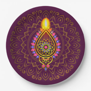 Diwali Jewelled Diya Candle Design Mandala Purple Paper Plate