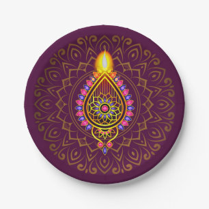 Diwali Jewelled Diya Candle Design Mandala Purple  Paper Plate