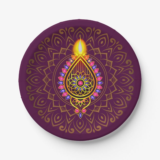 Diwali Jewelled Diya Candle Design Mandala Purple  Paper Plate (Front)