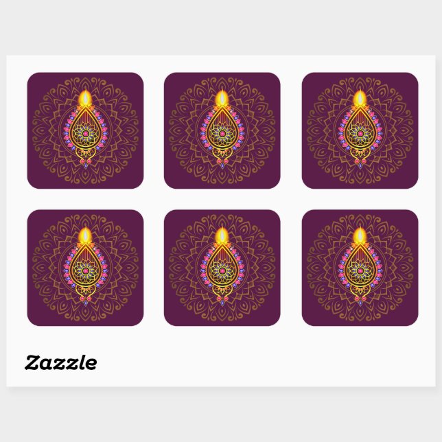 Diwali Jewelled Diya Candle Design Mandala Purple  Square Sticker (Sheet)