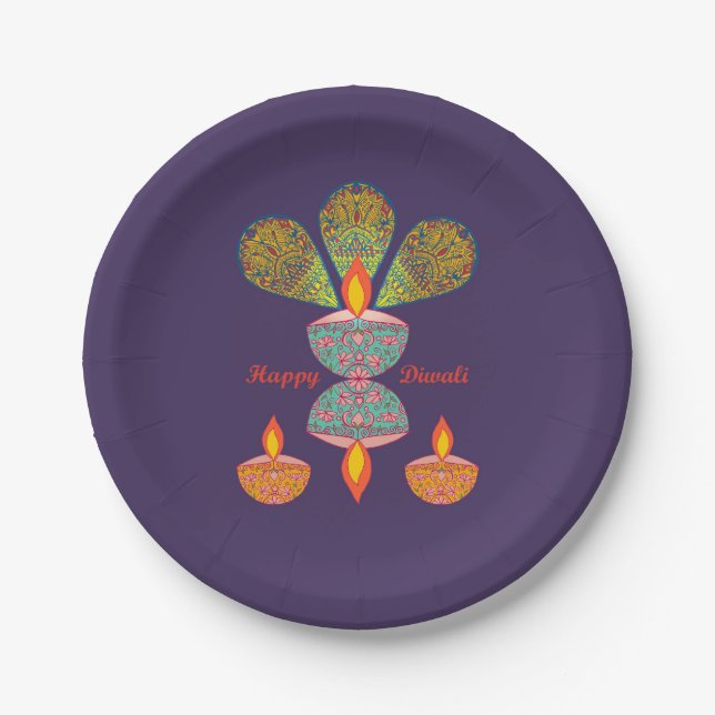 Diwali Lamps - Purple Paper Plate (Front)
