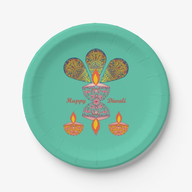 Diwali Lamps - Turquoise Paper Plate (Front)