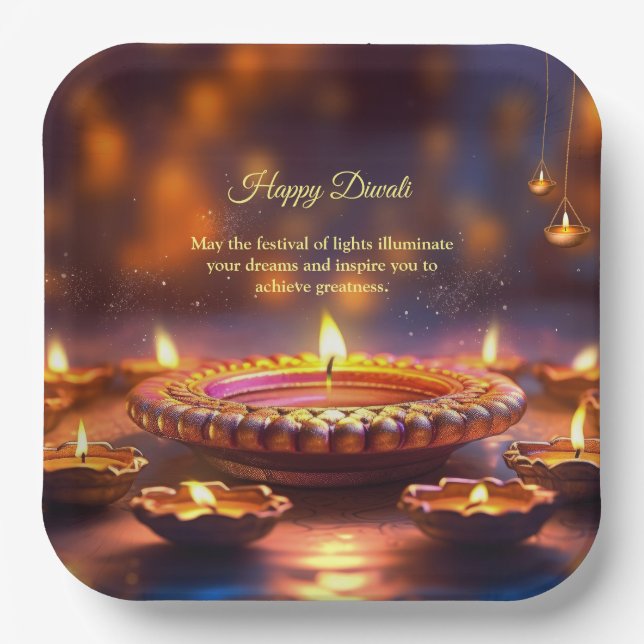 Diwali Orange Brown Golden Lamp Diyas  Paper Plate (Front)