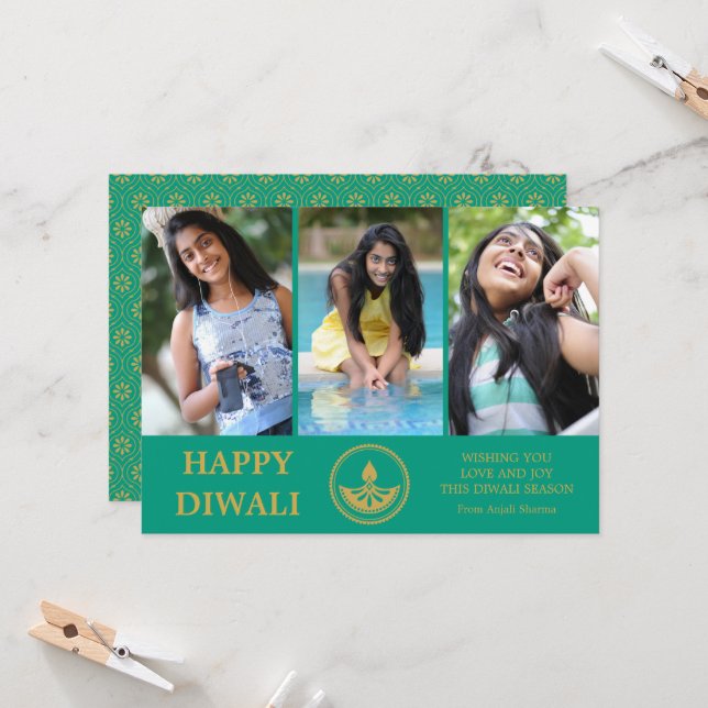 Diwali Photo Greeting Card - Custom Colour (Front/Back In Situ)