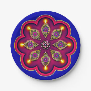 Diwali Purple Diya Flame Lotus Mandala Blue 7" Paper Plate