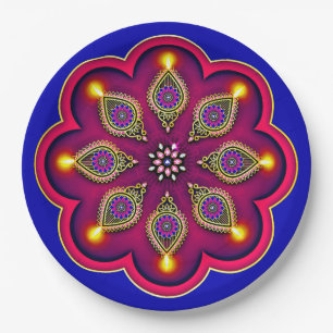 Diwali Purple Diya Flame Lotus Mandala Blue 9" Paper Plate