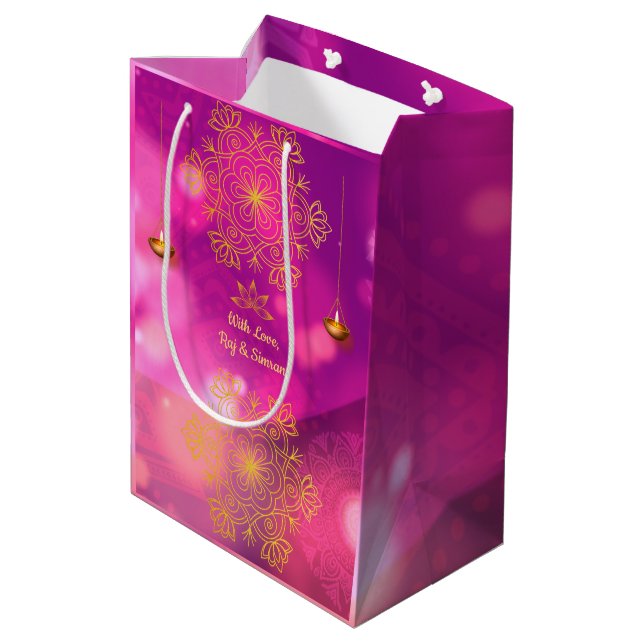 Diwali Purple Gold Mandala Lamps Medium Gift Bag (Back Angled)