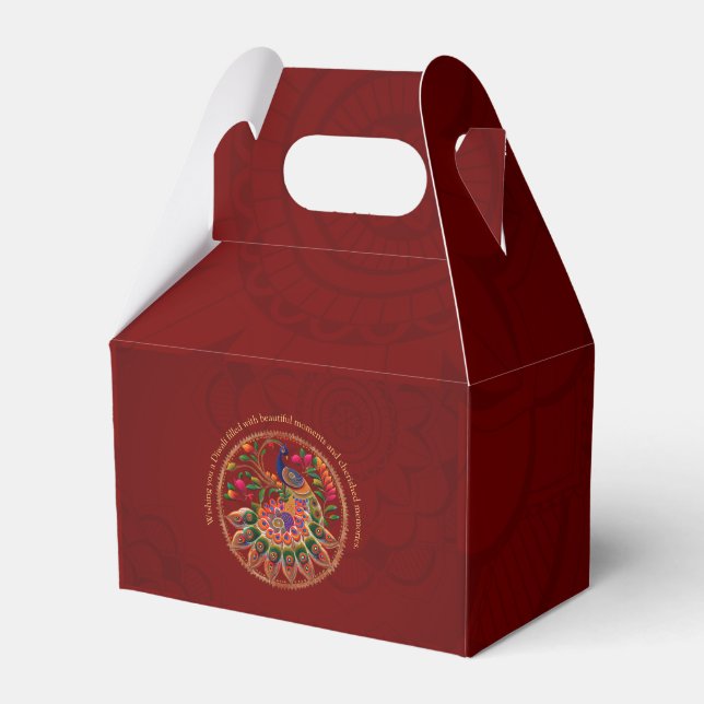 Diwali Red Gold Colourful Peacock Personalised  Favour Box (Front Side)