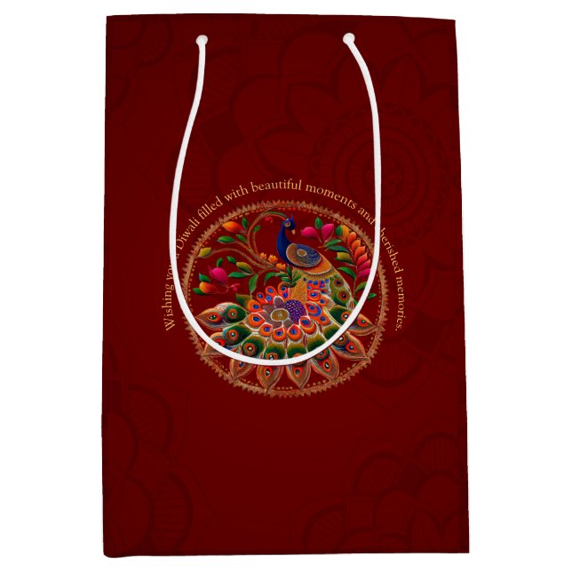 Diwali Red Gold Colourful Peacock Personalised  Medium Gift Bag (Front)
