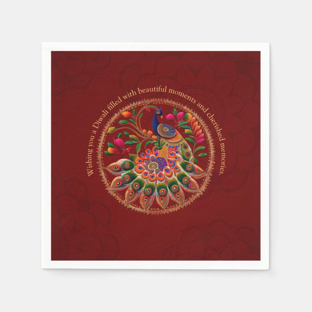 Diwali Red Gold Colourful Peacock Personalised  Napkin (Front)