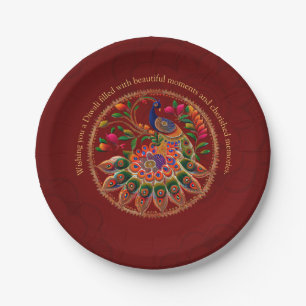 Diwali Red Gold Colourful Peacock Personalised  Paper Plate