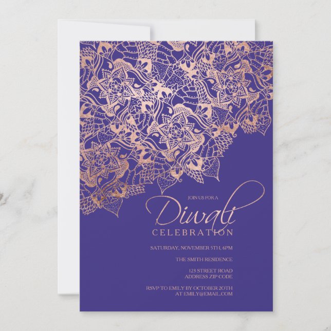 Diwali typography rose gold mandala blue purple invitation (Front)