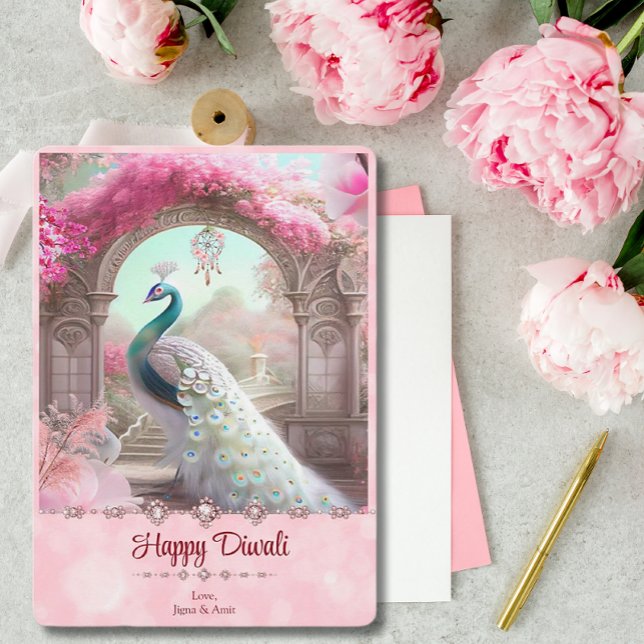 Diwali White Peacock Pink Floral Greeting Holiday Card (Creator Uploaded)