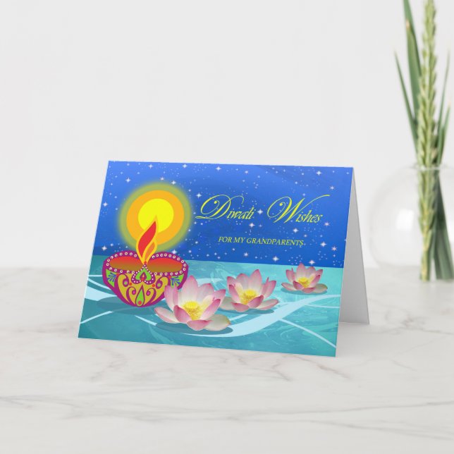 Diwali Wishes for Grandparents, Diya and Lotus Card (Front)