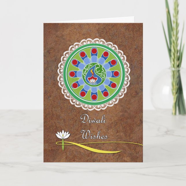 Diwali Wishes, Rangoli and Lotus Flower Card (Front)
