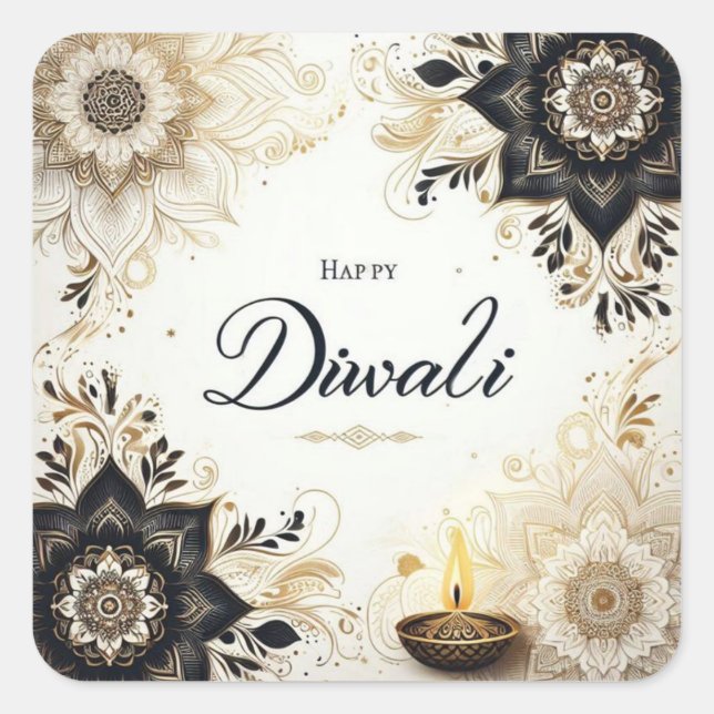 Diwali with Elegant Floral & Diya  Square Sticker (Front)