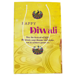 Diwali Yellow Mandala Lamp Peacock Personalised Medium Gift Bag