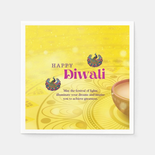 Diwali Yellow Mandala Lamp Peacock Personalised Napkin (Front)