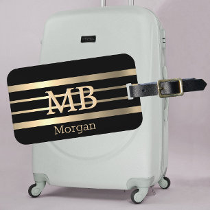 DIY 3-D Gold Monogram/Name, Bk/Gold Stripes, Black Luggage Tag