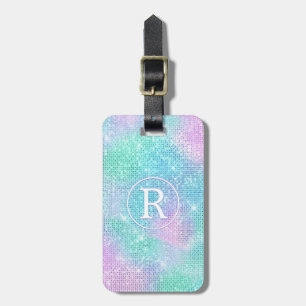 DIY 3-D White Monogram Circle, Iridescent Sparkle Luggage Tag