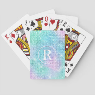 DIY 3-D White Monogram Circle, Iridescent Sparkle Playing Cards