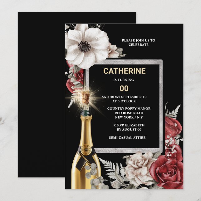 DIY age red rose sparkling wine elegant floral Invitation (Front/Back)