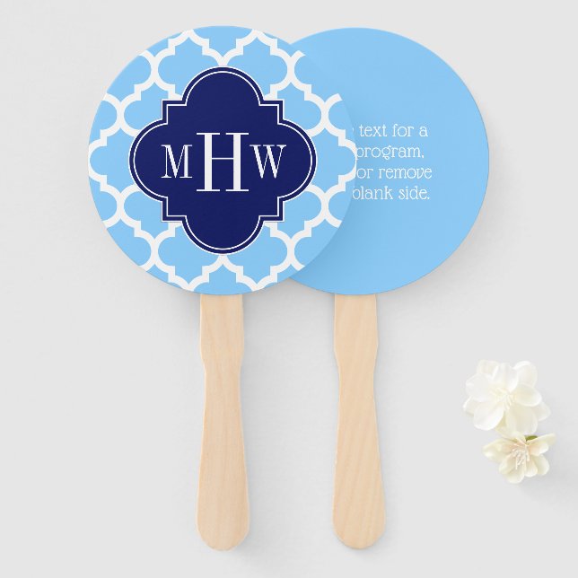 DIY Backgroun Wht Moroccan #5 Blue 5c Monogram Hand Fan (Front and Back)