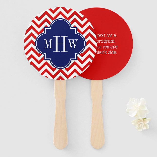 DIY Background Wht Chevron ZigZag Blue 5c Monogram Hand Fan (Front and Back)