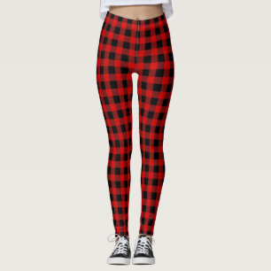 DIY BG Bright Red Black Buffalo Plaid Tartan Leggings