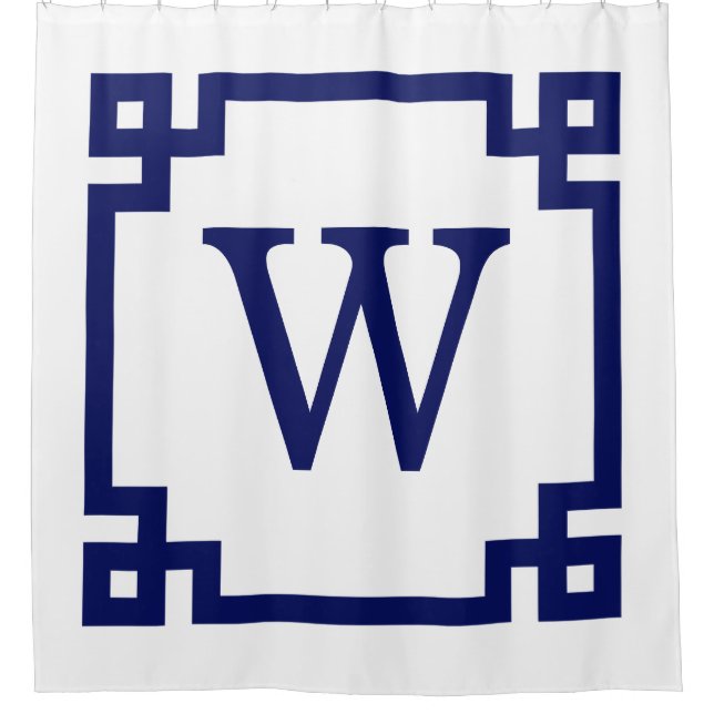 DIY BG Navy Greek Key #2 Framed Init Monogram Shower Curtain (Front)