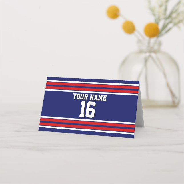 DIY BG Navy Red Team Jersey Custom Number Name Place Card (Front)
