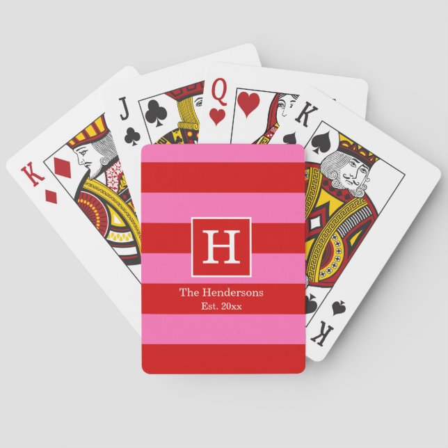DIY BG Stripe Frame Name Monogram Red SV Hot Pink Playing Cards (Back)