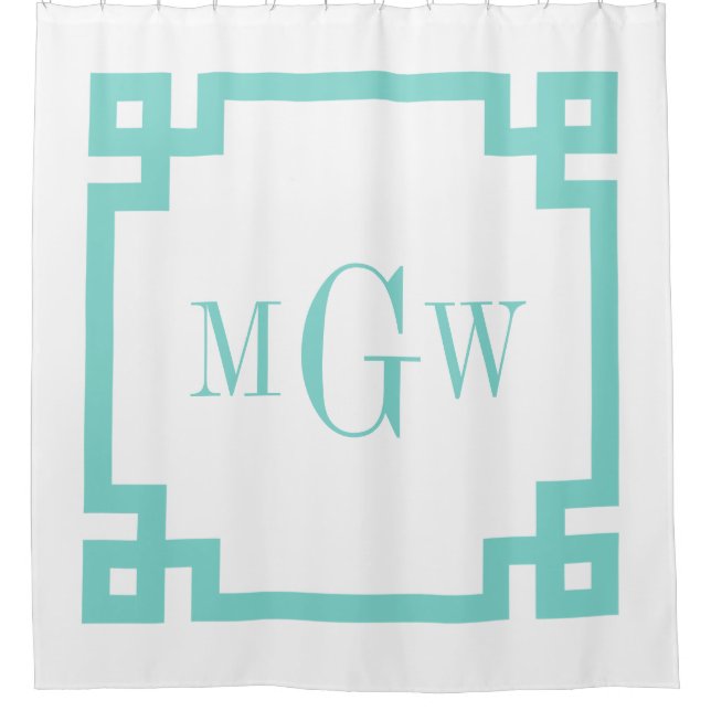 DIY BG Turquoise Aqua Greek Key #2 Frame 3I Monogm Shower Curtain (Front)