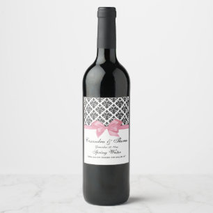 DIY BG Vintage Black Wht Damask Pink Bow Wine Label