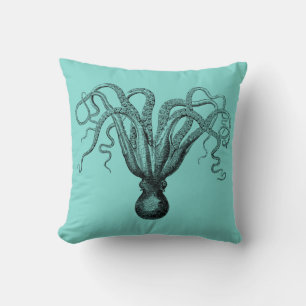 DIY BG Vintage Octopus Drawing #8 Black Turq Cushion
