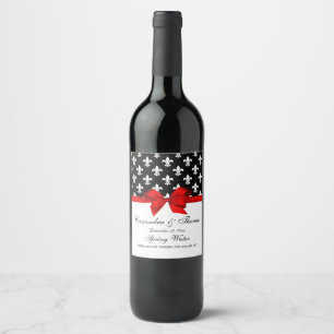 DIY BG Vintage White Fleur de Lis on Black Red Bow Wine Label