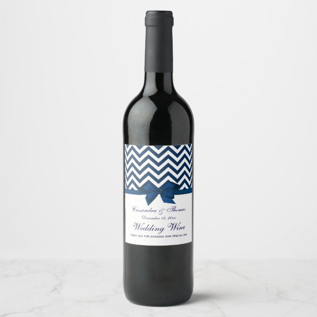 DIY BG White Chevron Navy Bow Wine Bottle Label (Front)