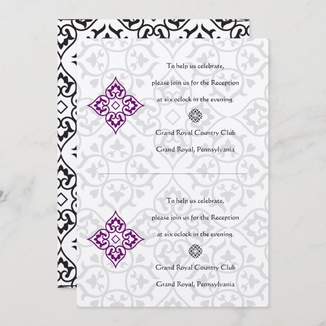 DIY Black Damask Plum Hearts Reception Invitation (Front/Back)