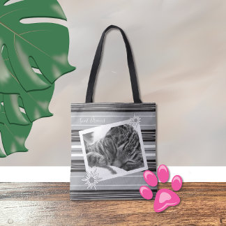 DIY black & white striped tote bag with cat photo