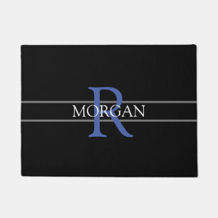 DIY Blue Monogram, White Name, Black, Grey Stripes Doormat