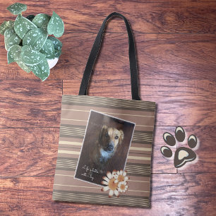 DIY brown stripes tote bag with dog photo & quote