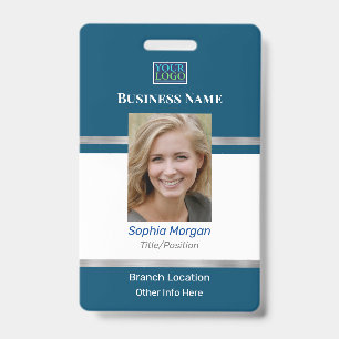 DIY Business Photo Name Logo Info Ocean Blue White ID Badge