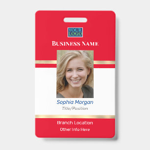 DIY Business Photo Name Logo Info, Red White Gold ID Badge