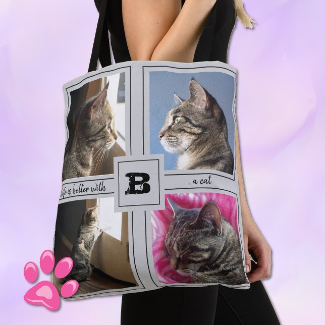 DIY cat photo collage with quote gray tote bag (Creator Uploaded)