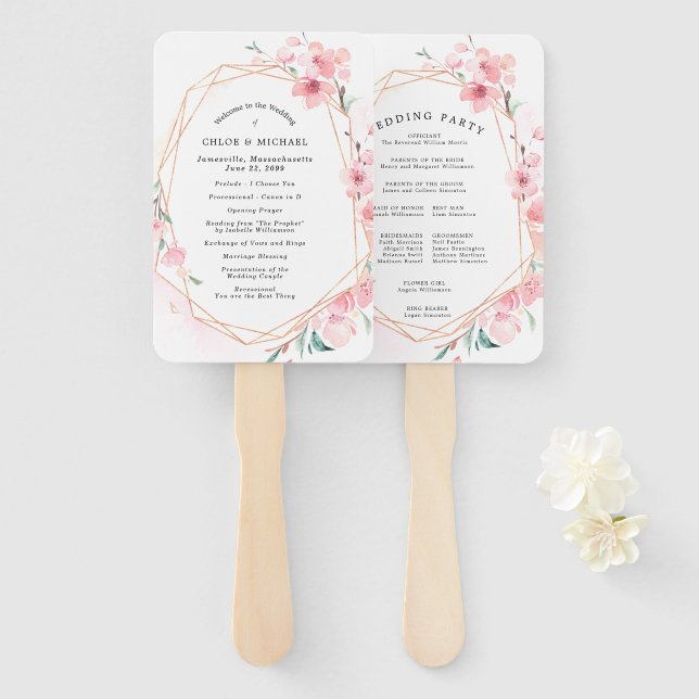DIY Chic Pink Cherry Blossom Wedding Program Hand Fan (Front and Back)