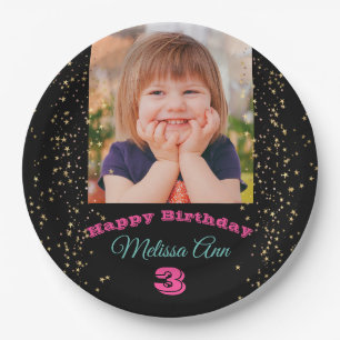 DIY Child's Photo/Name, Happy B'day Stars Black Paper Plate