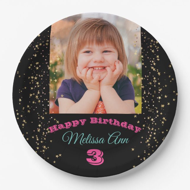 DIY Child's Photo/Name, Happy B'day Stars Black Paper Plate (Front)