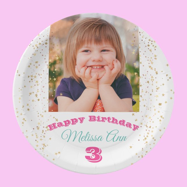 DIY Child's Photo/Name, Happy B'day Stars White Paper Plate (Creator Uploaded)