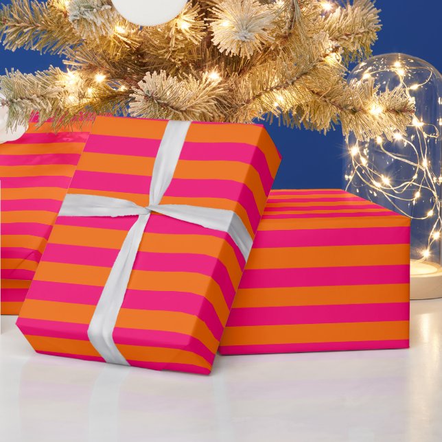 DIY Colour 1” Preppy Stripe Raspberry Pink Orange Wrapping Paper (Holidays)